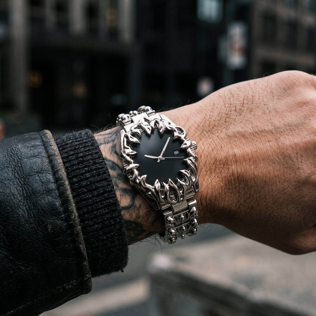 Macro detail of a silver watch